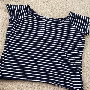 extra small blue striped crop top off the shoulder